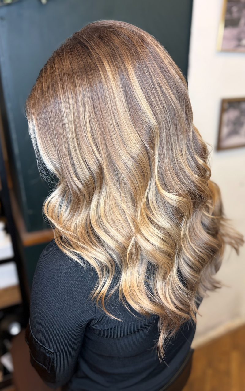 Karamelfarvet balayage med bløde bølger, set fra siden