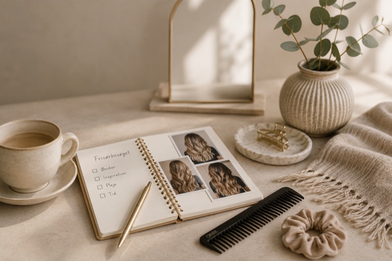 Åben notesbog med inspirationsbilleder af hår, kaffekop og kam på et bord