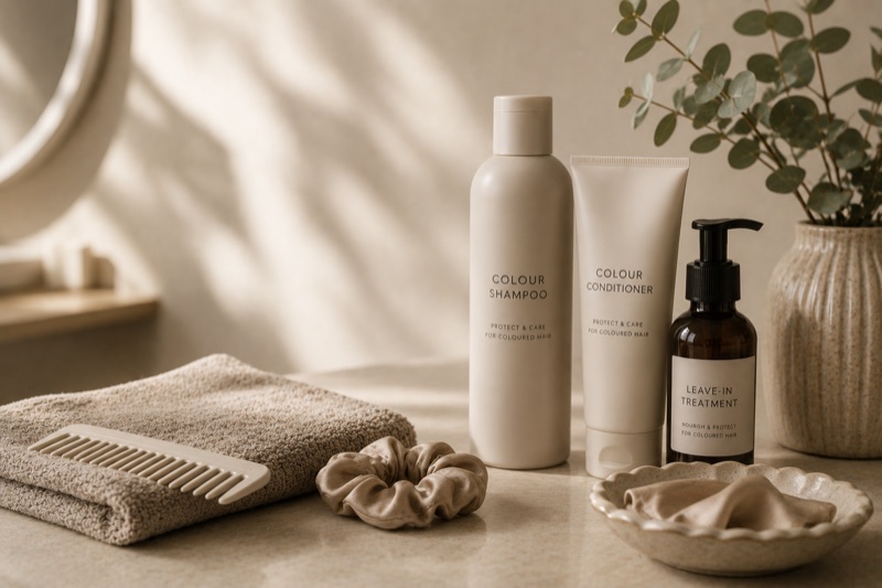 Shampoo, balsam og leave-in-behandling til farvet hår på en lys bordplade